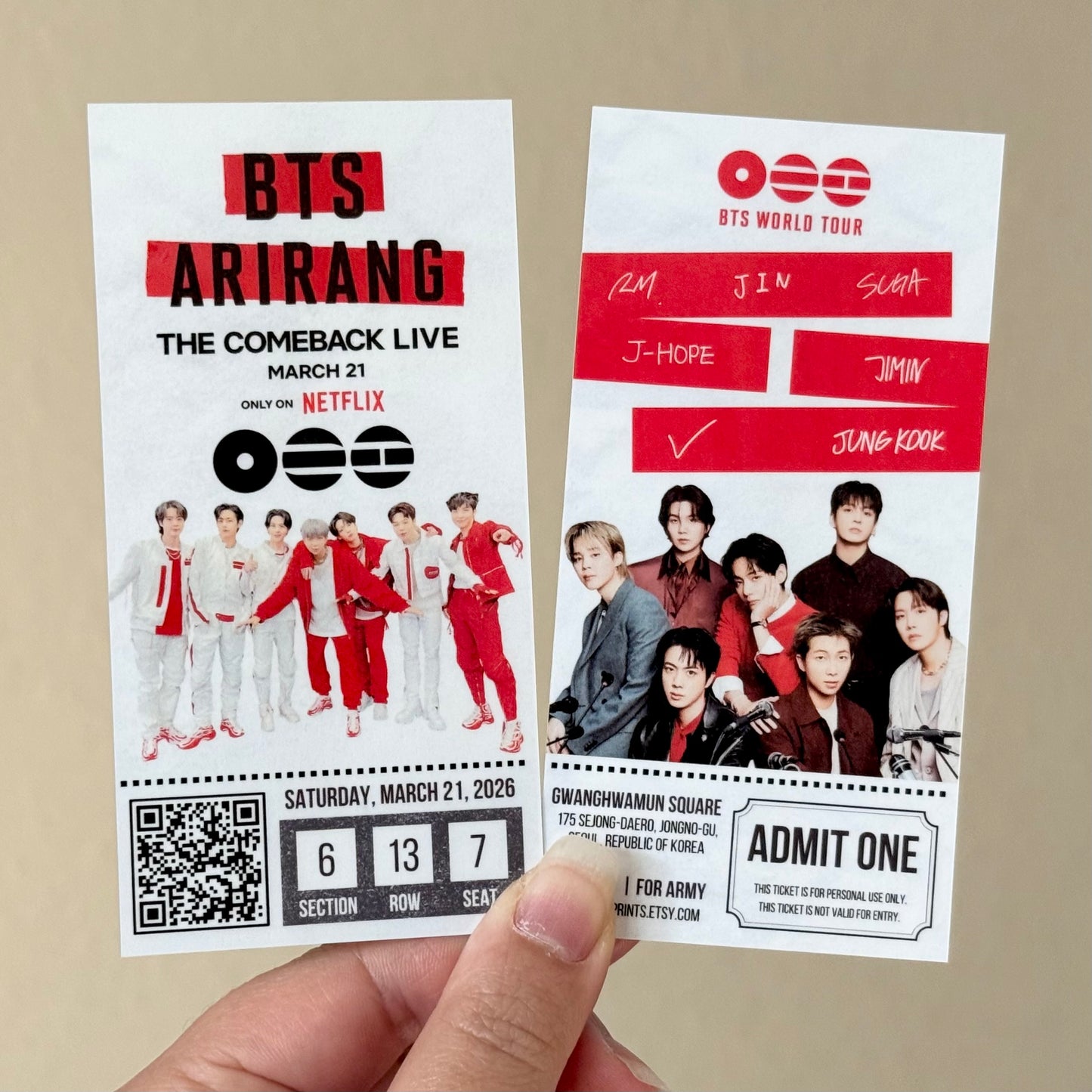 [MADE TO ORDER - CONCERT TICKET] 2 - BTS World Tour ARIRANG - The Comeback LIVE on Netflix - (Personalized) Memorabilia Concert Ticket
